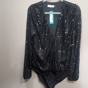 Sequin V-Neck Long Sleeve Bodysuit - Black